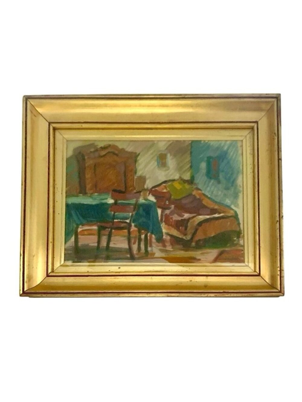 Painting Interior Room Signed L SUHAR Original Mixed Media Vintage Art
